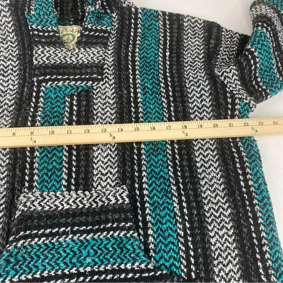 Baja Joe Mens Medium Hippie Drug Rug Pullover Hoodie Sweater Black and Teal/Aqua - Picture 3 of 7